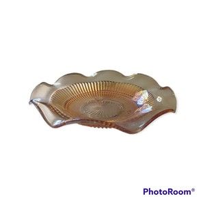 Vintage carnival footed wavy  orange amber Glass Ruffle bowl 1950